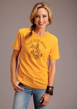 Stetson Womens Yellow 100% Cotton Hold Your Horses S/S T-Shirt All-day Comfort Stetson Womens Yellow 100% Cotton Hold Your Horses S/S T-Shirt Tropical theme