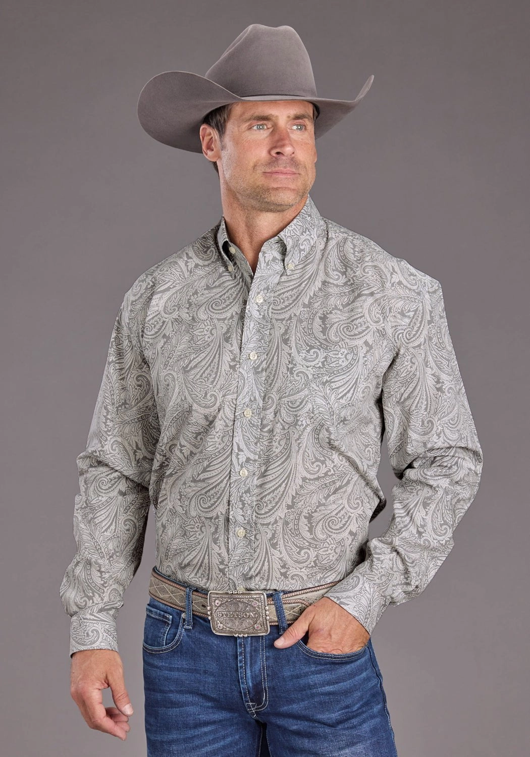Summer Vibes family gathering Stetson Mens 2394 Paisley Smoke Grey 100% Cotton 1 Pkt L/S Shirt