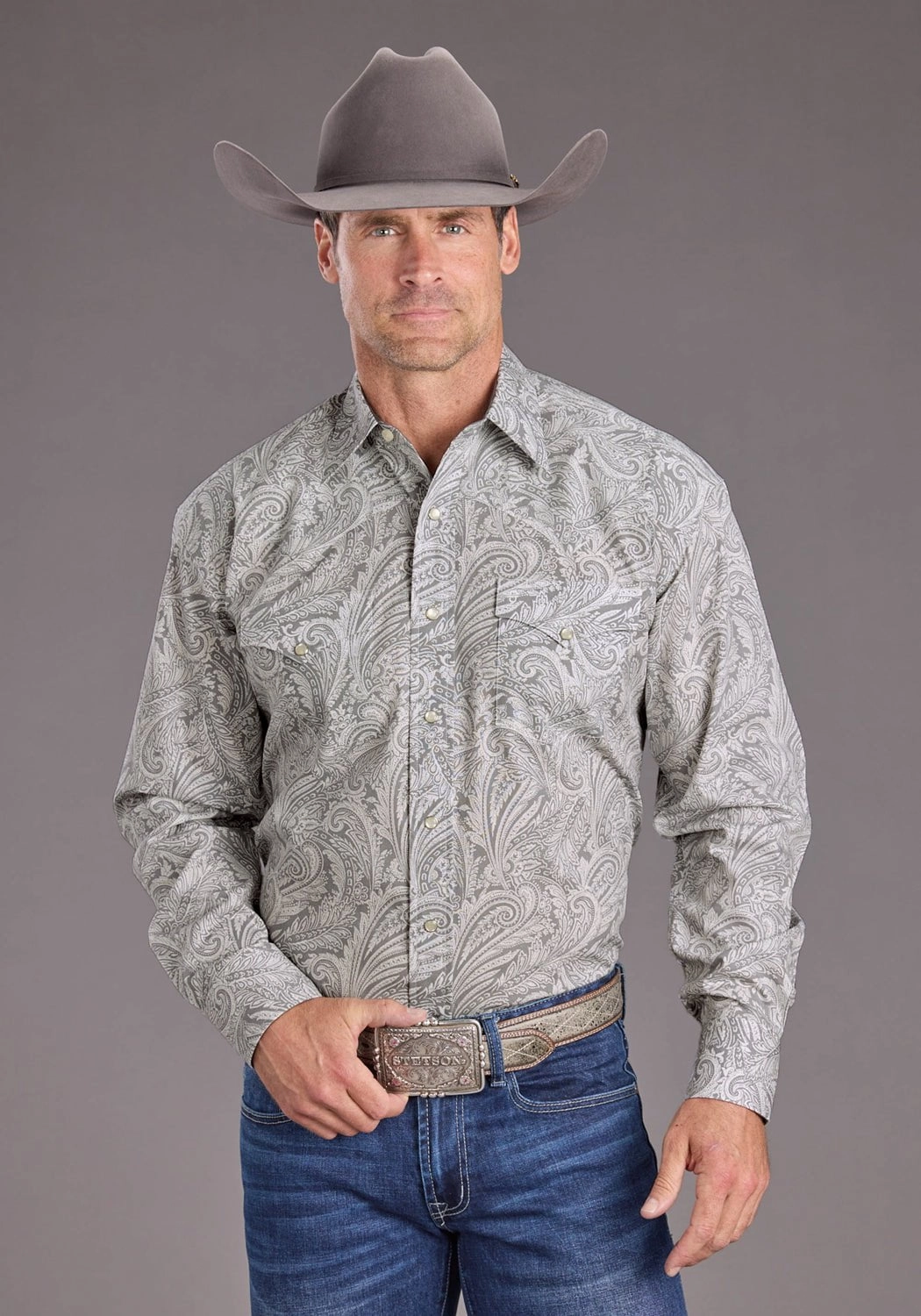 Stetson Mens 2394 Smoke Paisley Grey 100% Cotton L/S Shirt Sustainable fashion
