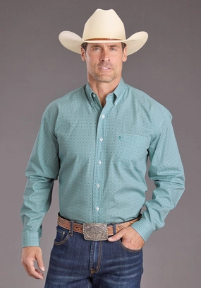 Stetson Mens 2400 Mosaic Geo Turquoise 100% Cotton 1 Pkt L/S Shirt Seam Free Back Layered Hemline Checkered Look Stetson Mens 2400 Mosaic Geo Turquoise 100% Cotton 1 Pkt L/S Shirt