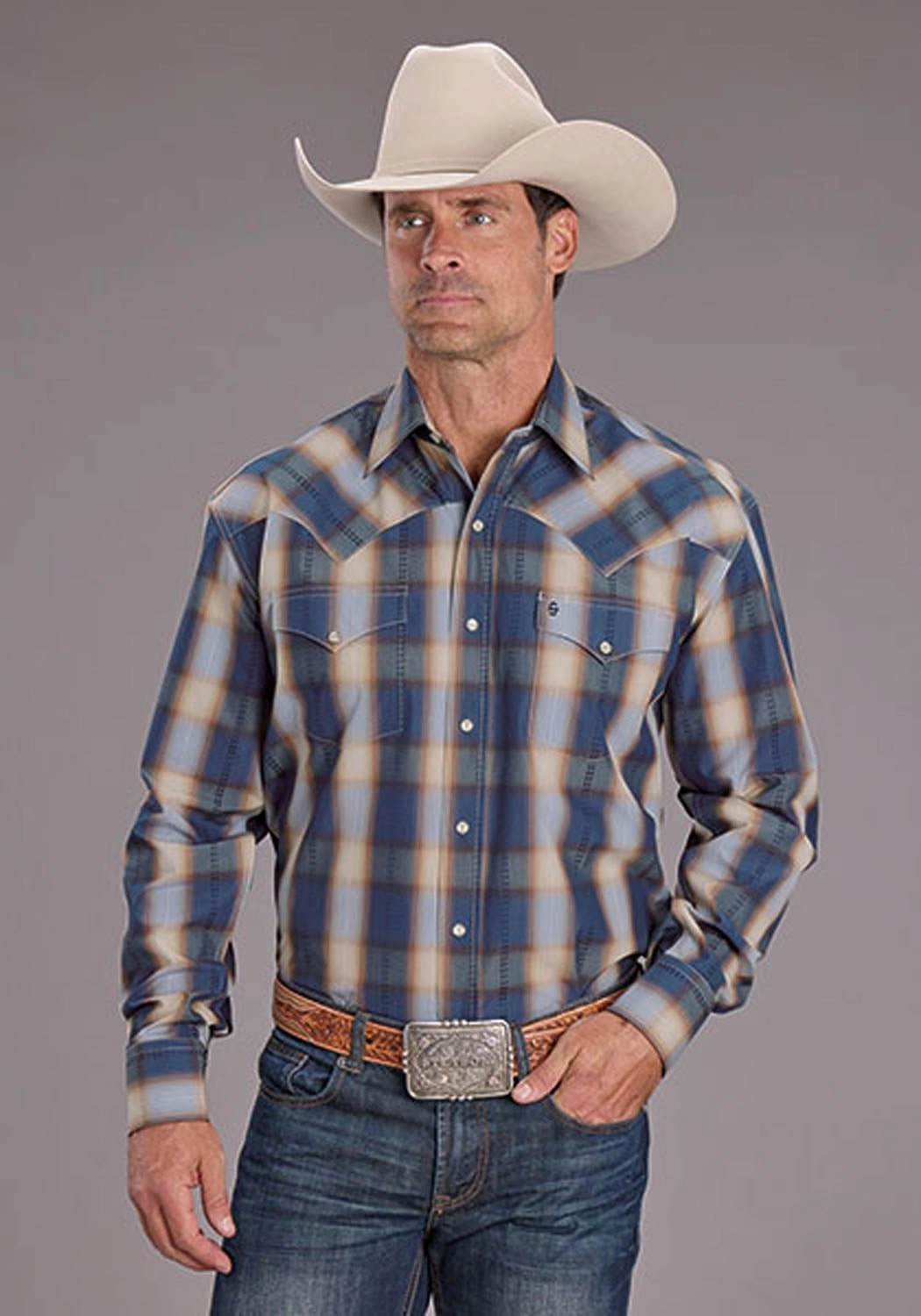 Stetson Mens 2513 Ranch Plaid Blue/White 100% Cotton L/S Shirt Fashion Layer Light Comfort