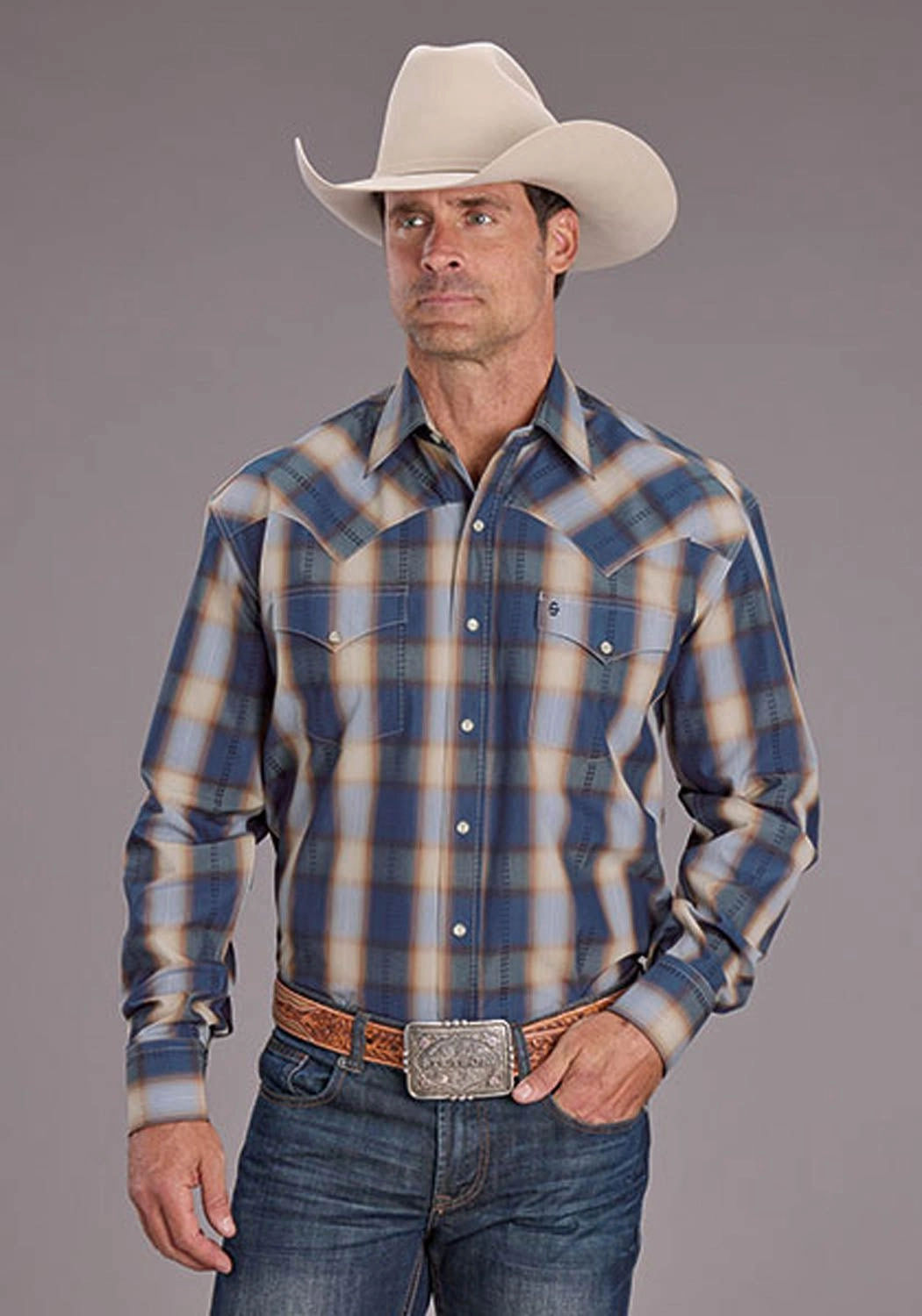 Multipurpose Utility Quick-Dry Stetson Mens 2513 Ranch Plaid Blue/White 100% Cotton L/S Shirt