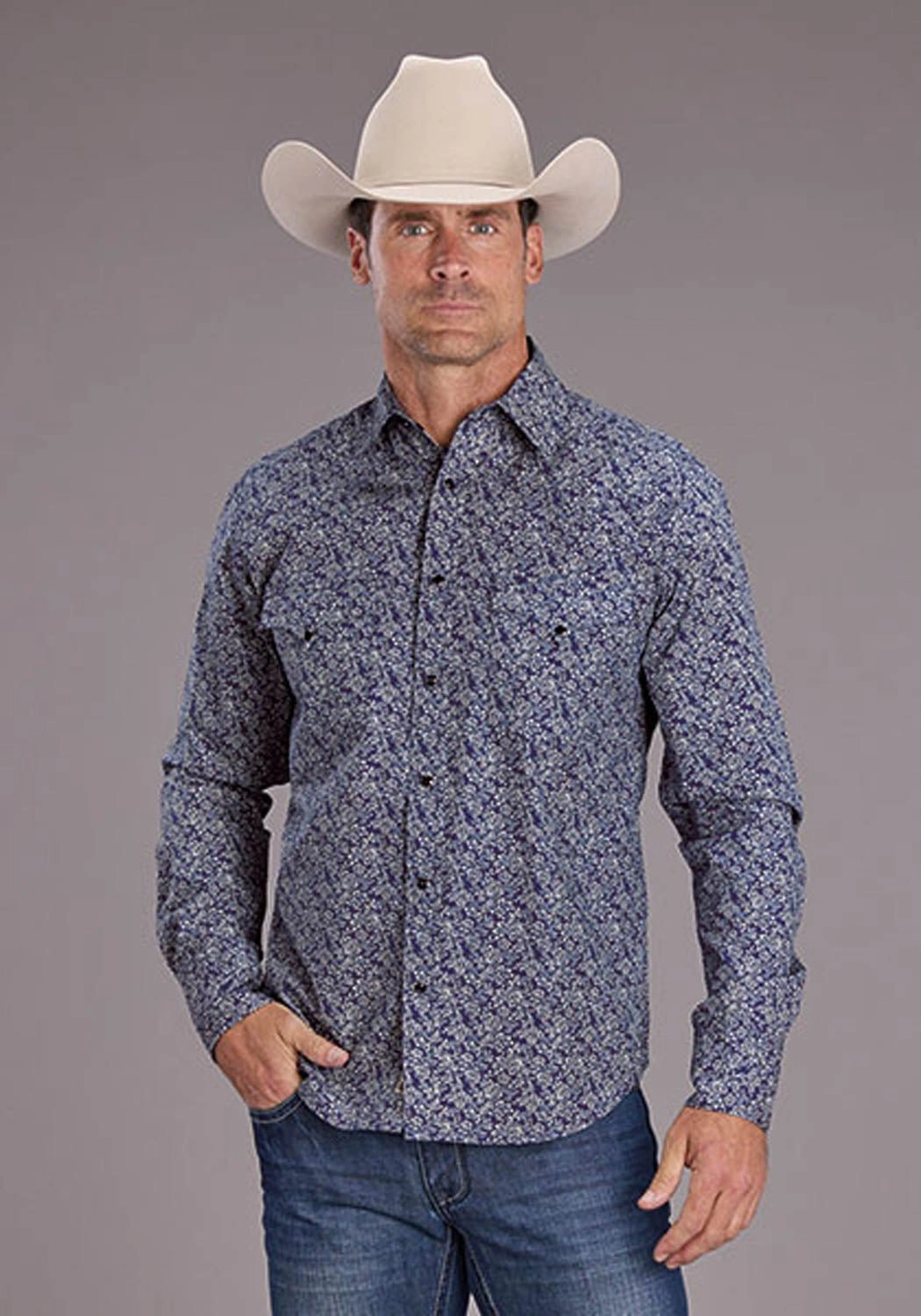 Flexible Placket Structure Reinforced Elbow Patches Stetson Mens 2523 Vintage Prairie Blue 100% Cotton L/S Shirt
