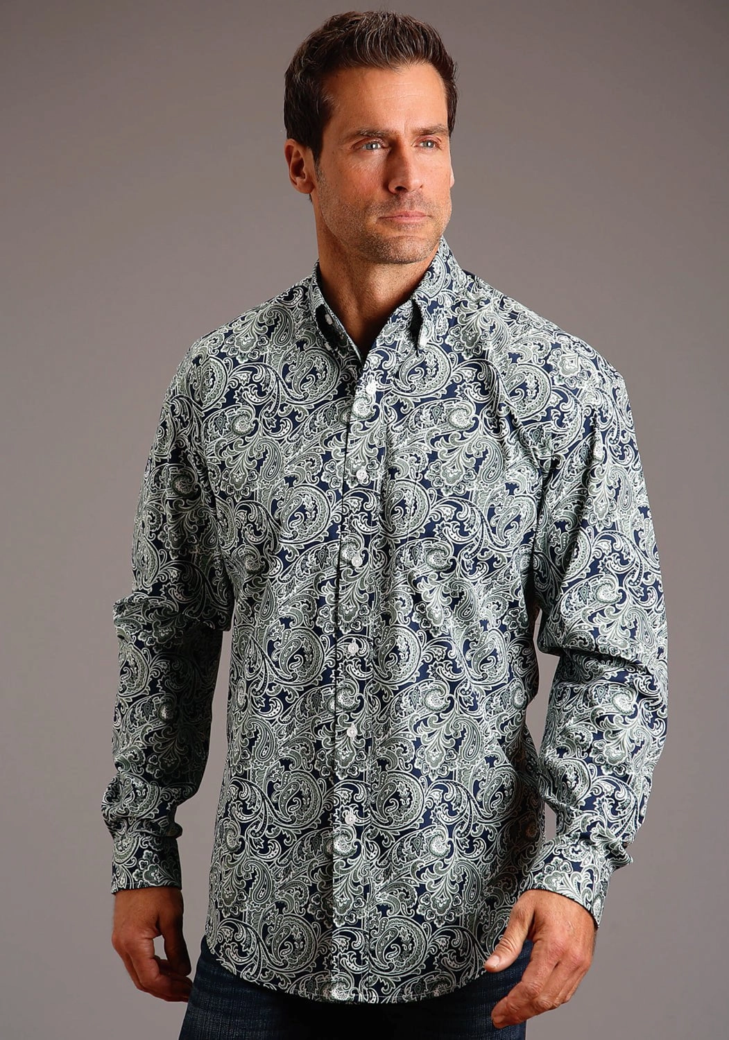 Stetson Mens Blue 100% Cotton Greenspring Paisley BD L/S Shirt Effortless Comfort Tall Option