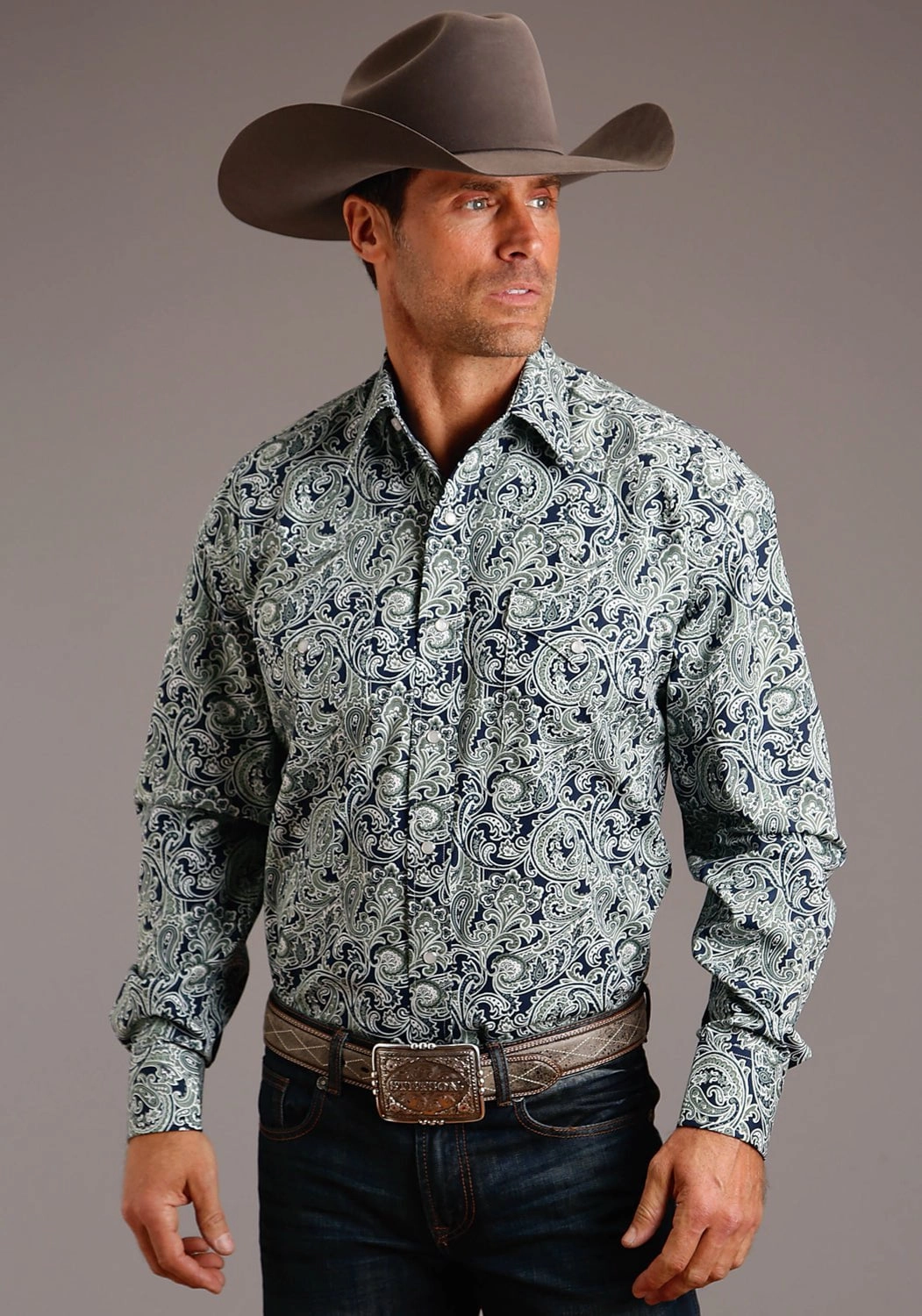 Stetson Mens Blue 100% Cotton Greenspring Paisley L/S 2 Pocket Shirt No Slip Shoulder Grip Holiday Style