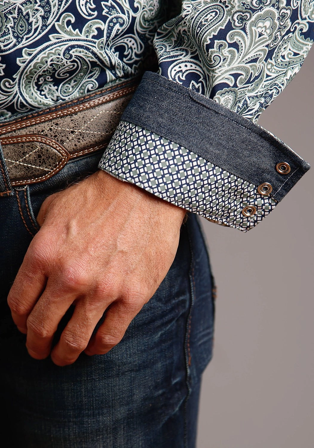 Soft Comfort Mature appeal Stetson Mens Blue 100% Cotton Greenspring Paisley L/S 2 Pocket Shirt