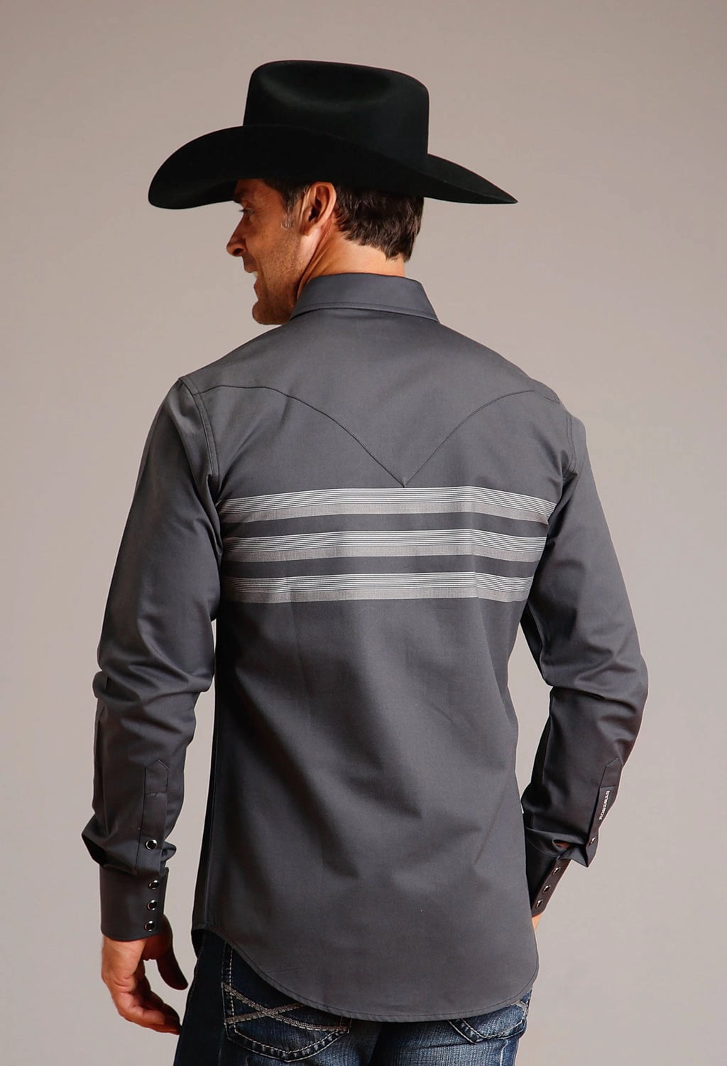 Stetson Mens Border Stripe Black 100% Cotton L/S Shirt Minimalist Closure