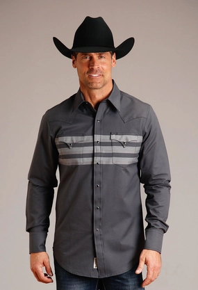 Stetson Mens Border Stripe Black 100% Cotton L/S Shirt Weather-Ready Stetson Mens Border Stripe Black 100% Cotton L/S Shirt Comfort Stretch