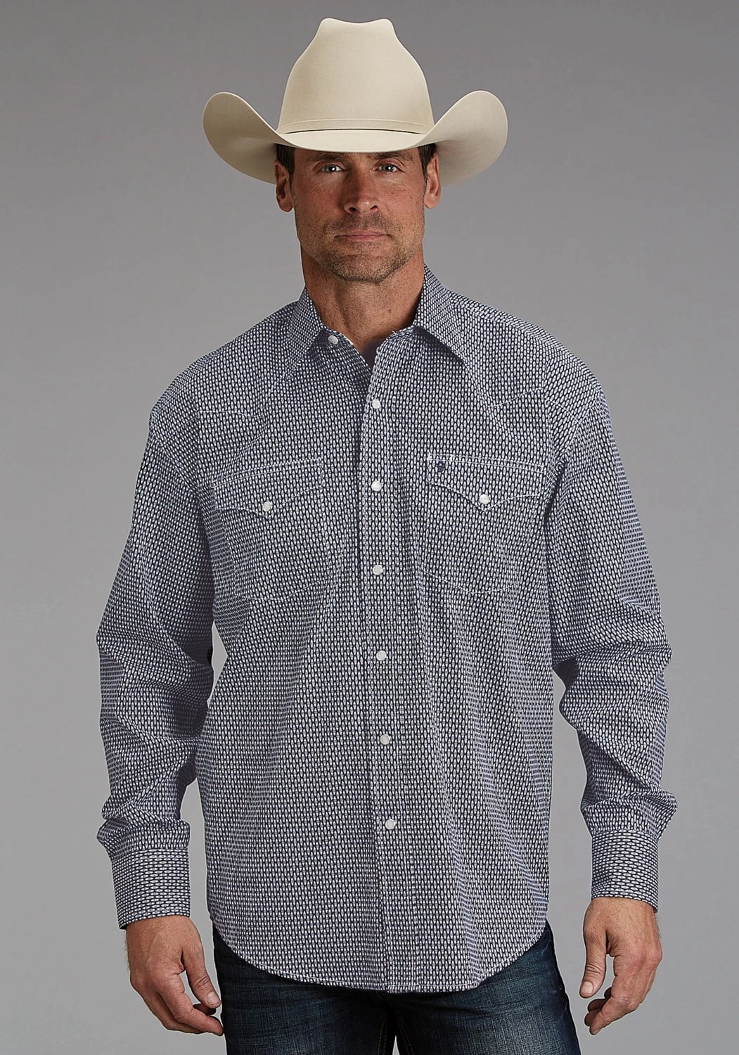 Stetson Mens Broken Diamond Navy 100% Cotton L/S Shirt UV Protective Fabric Seamless Shoulder