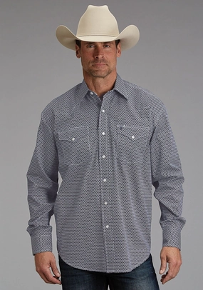 Stetson Mens Broken Diamond Navy 100% Cotton L/S Shirt Soft Texture Stetson Mens Broken Diamond Navy 100% Cotton L/S Shirt UV Protective Fabric Seamless Shoulder