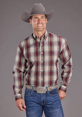 Stetson Mens Diamond Ranch Dobby Wine 100% Cotton 1 Pkt L/S Shirt Fashion Staple Stetson Mens Diamond Ranch Dobby Wine 100% Cotton 1 Pkt L/S Shirt Adjustable Cuff Closure