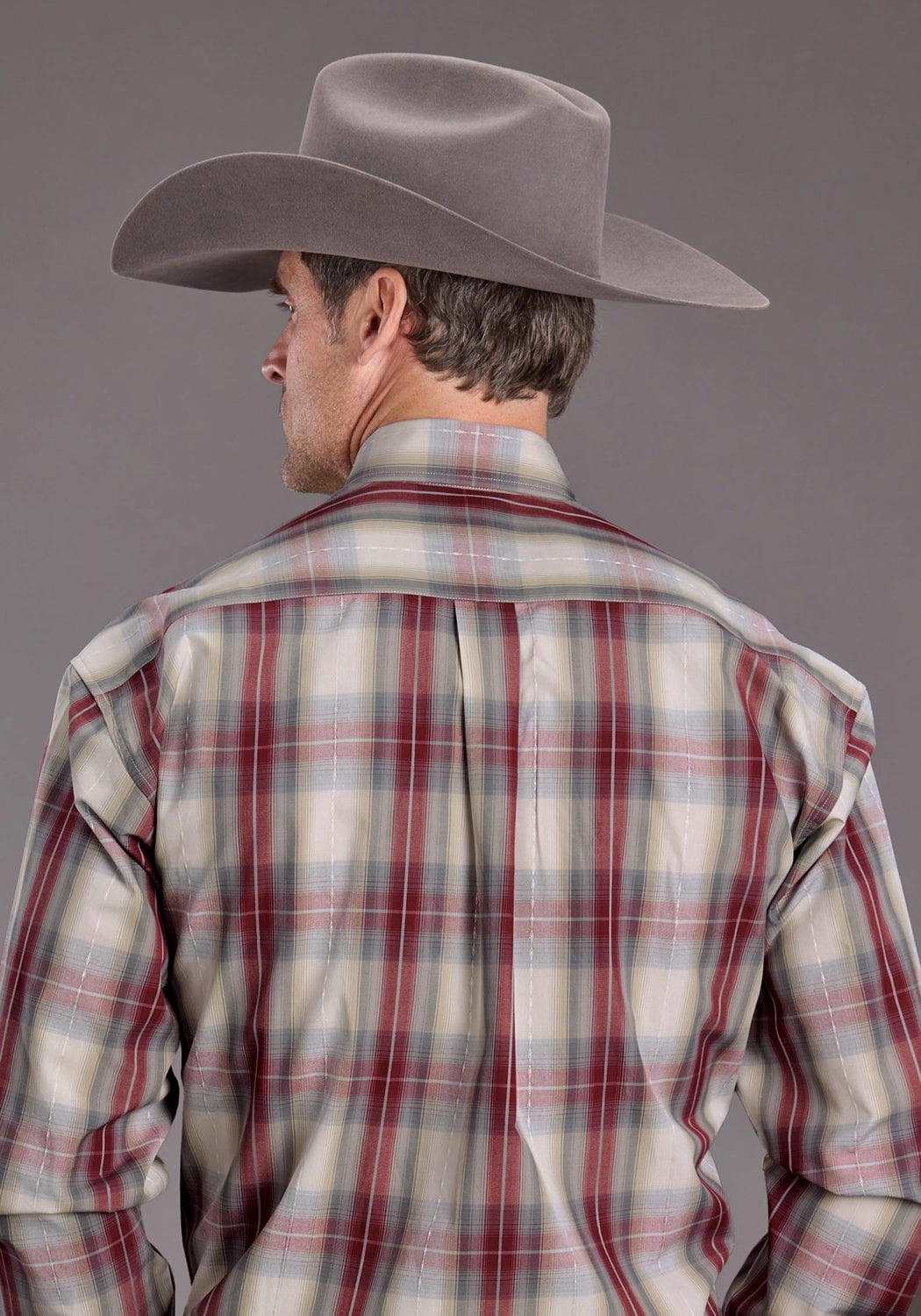 Stetson Mens Diamond Ranch Dobby Wine 100% Cotton 1 Pkt L/S Shirt Seamless Shoulder Construction