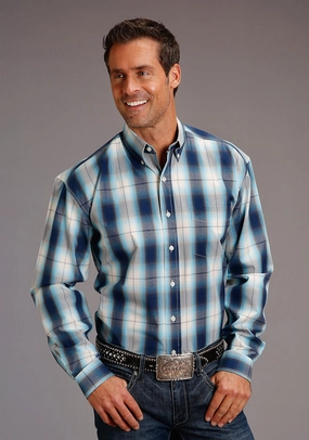 Stetson Mens Dobby Deep Blue 100% Cotton L/S Shirt Effortless Appeal Breathable Layer Stetson Mens Dobby Deep Blue 100% Cotton L/S Shirt