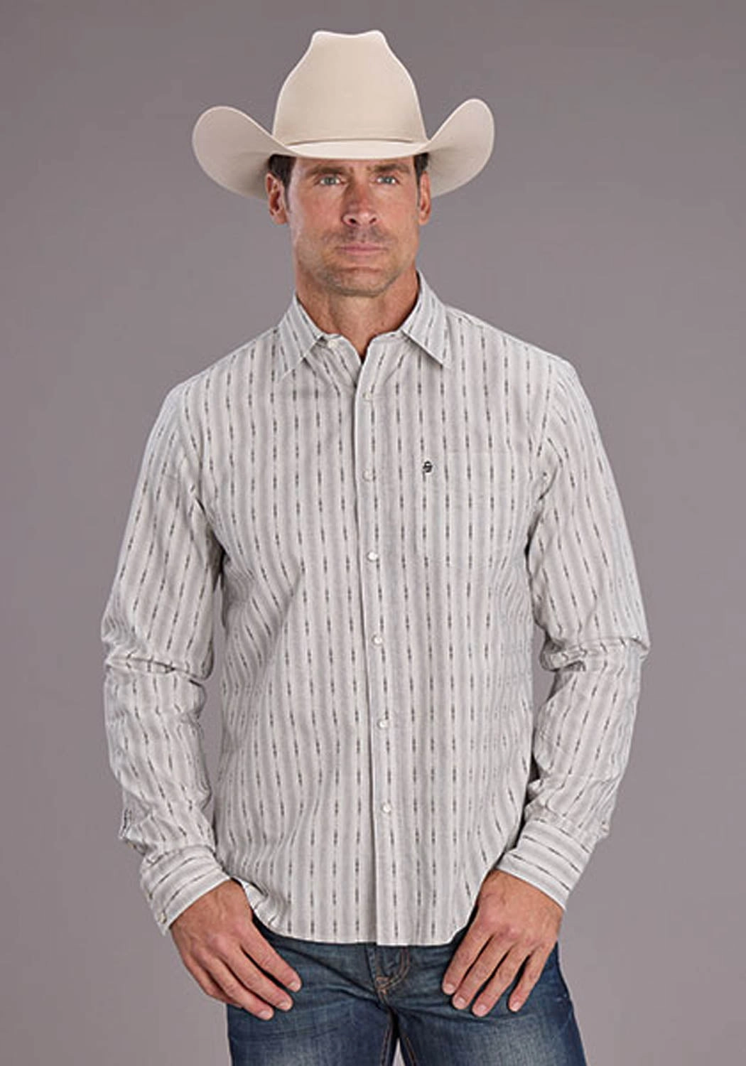 Stetson Mens Dobby Stripe Black 100% Cotton L/S Shirt Active Comfort