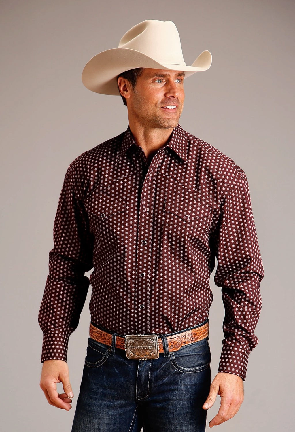 Stetson Mens Geometric Sunburst Wine 100% Cotton L/S Shirt gender-neutral Student Essential
