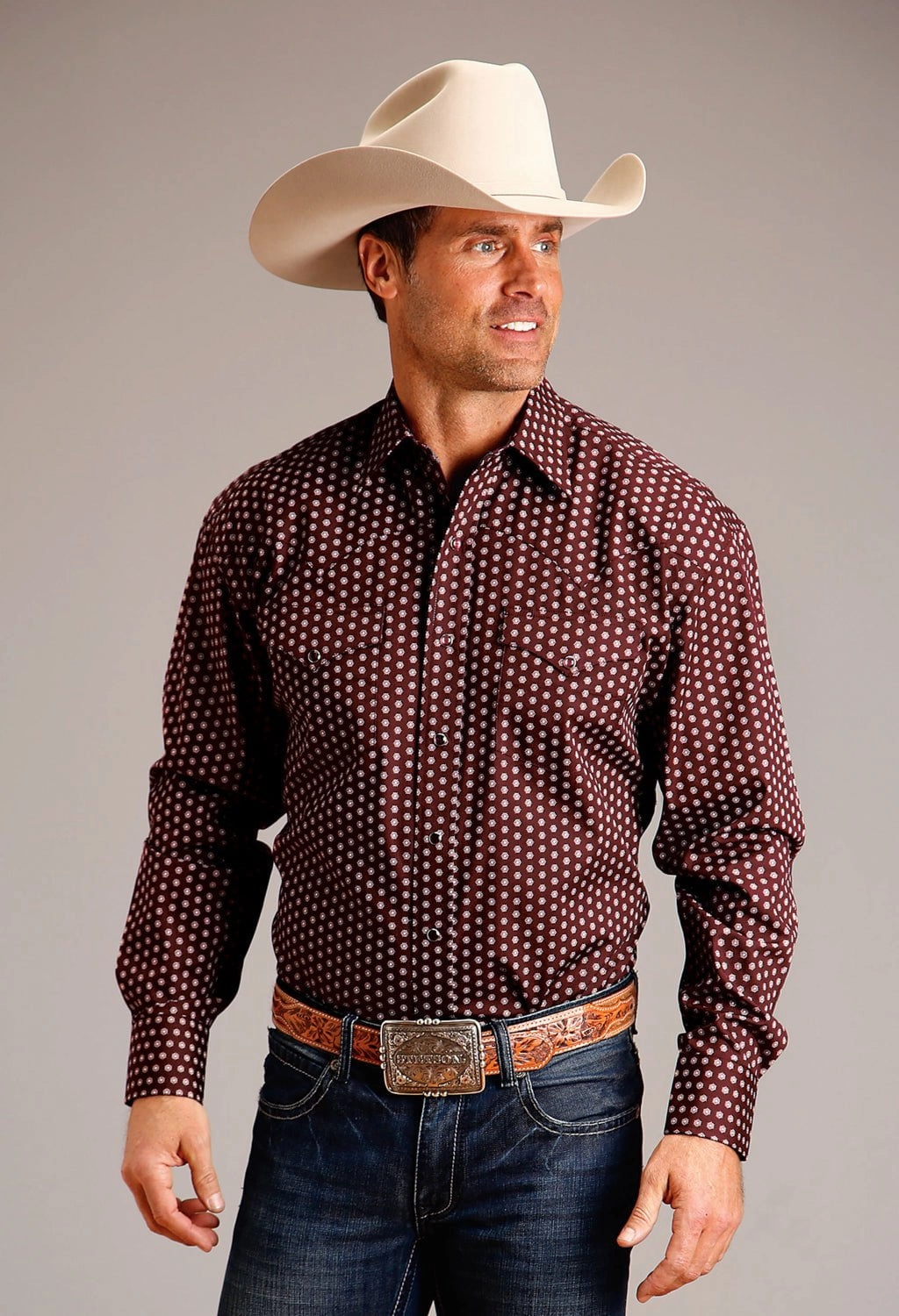 Stetson Mens Geometric Sunburst Wine 100% Cotton L/S Shirt Stretchable Fabric Edgy Fashion