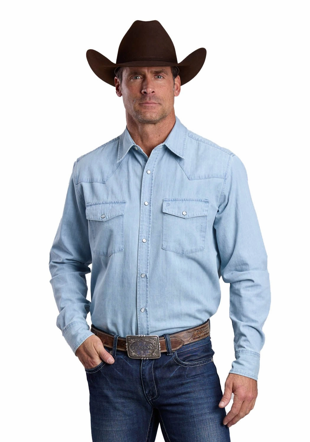 Stetson Mens Lightweight Chambray Blue 100% Cotton L/S Shirt Non Irritating Tags BBQ Party