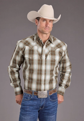 Stetson Mens Sandy Ombre Plaid Brown 100% Cotton L/S Shirt Fashionable Fit Stetson Mens Sandy Ombre Plaid Brown 100% Cotton L/S Shirt Camouflage Print Hidden Placket