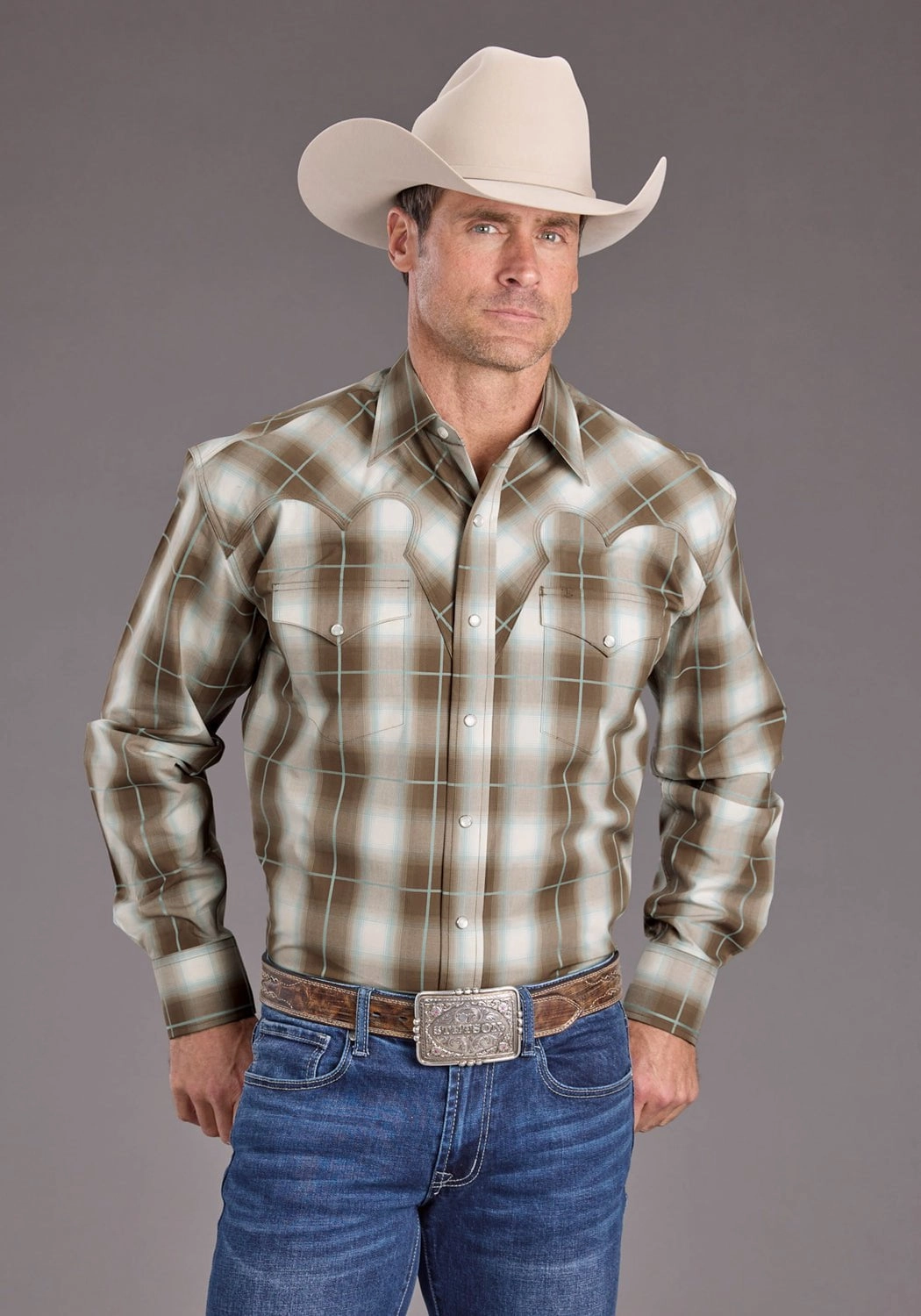 Stetson Mens Sandy Ombre Plaid Brown 100% Cotton L/S Shirt Camouflage Print Hidden Placket