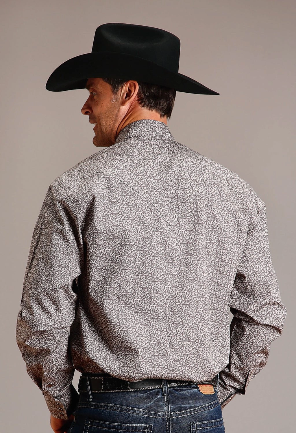 Ribbed Trim Stetson Mens Vintage Floral Grey 100% Cotton L/S Shirt