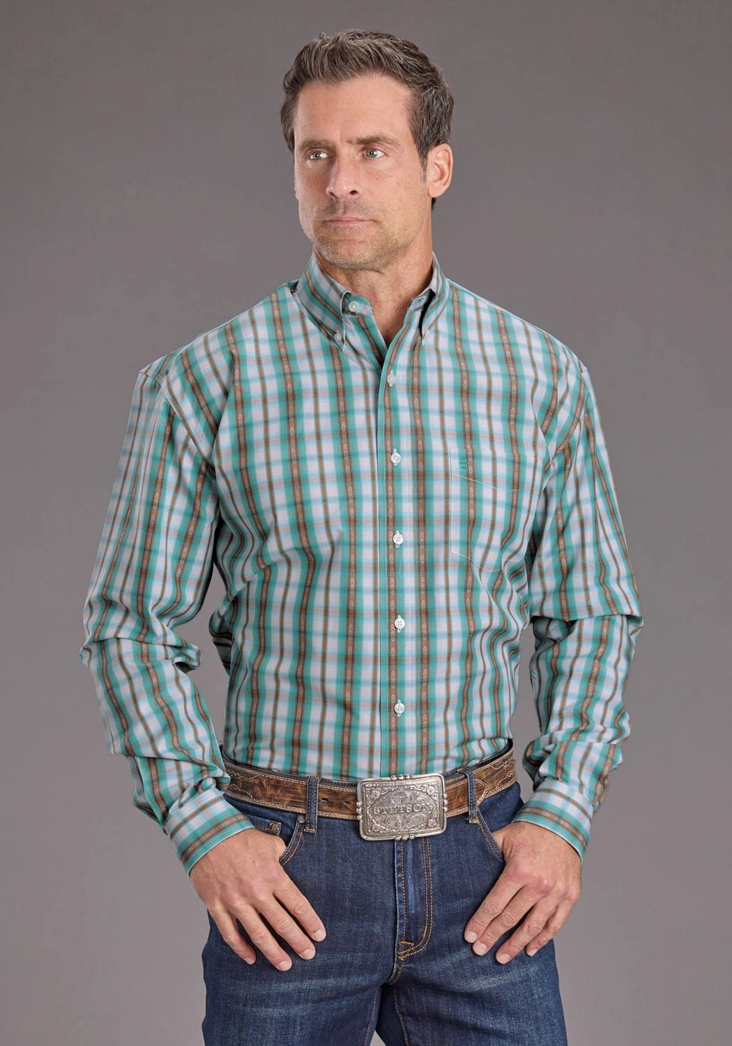 Comfort First Fit Stetson Mens Vintage Plaid Turquoise 100% Cotton 1 Pkt L/S Shirt