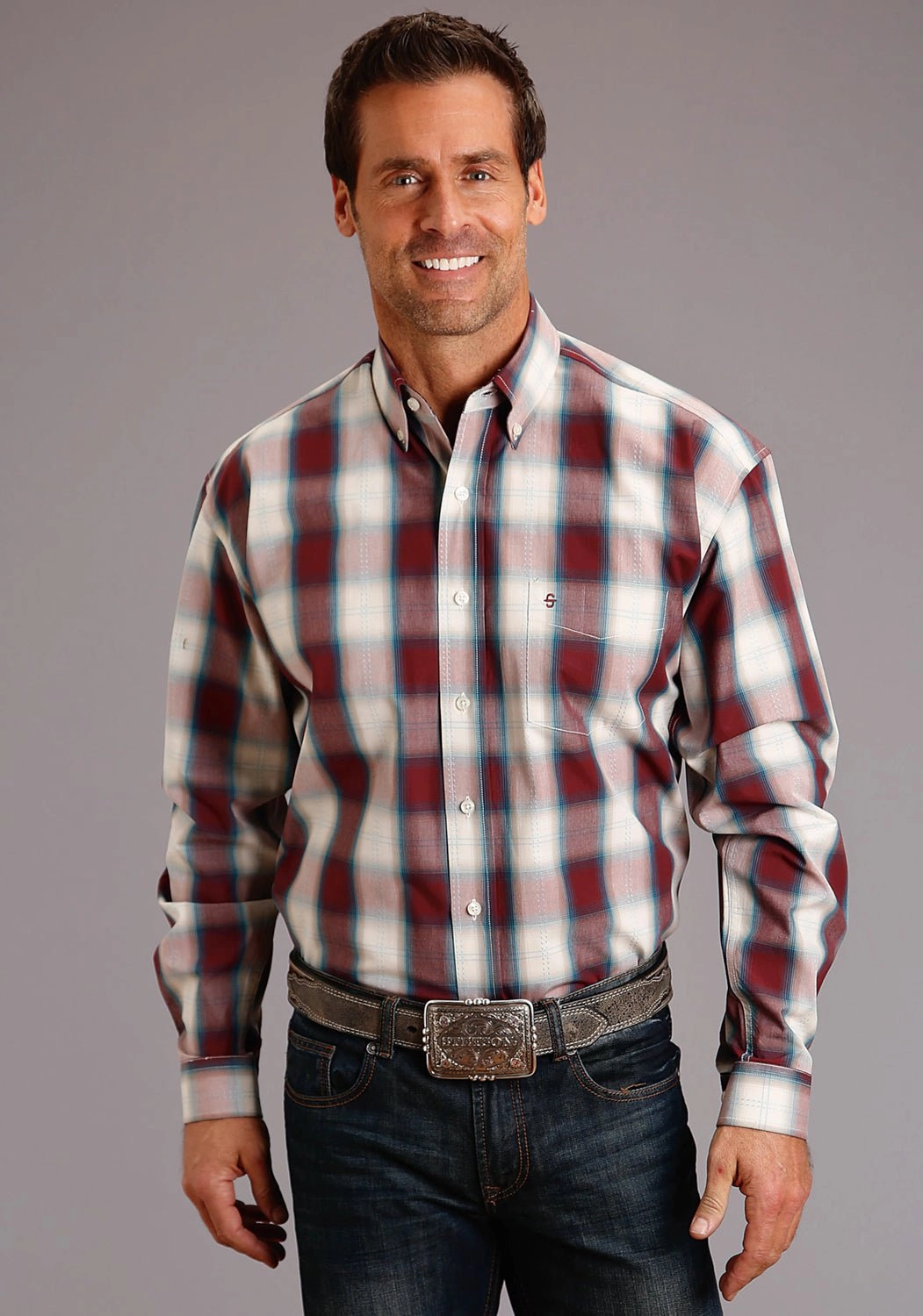 Stetson Mens Wine 100% Cotton Plaid BD L/S 1 Pocket Shirt Casual Friday