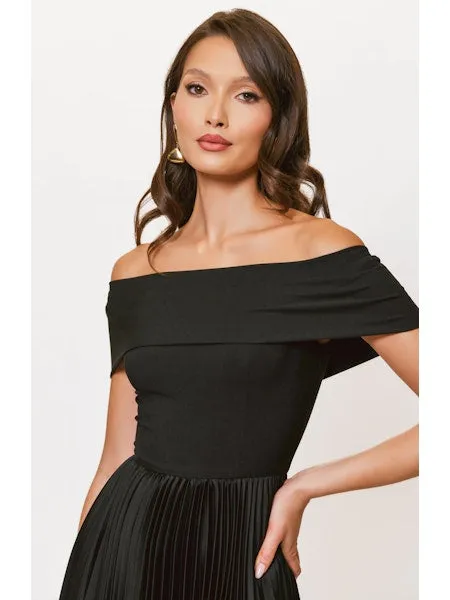 Birthday-Celebration Stockton Off the Shoulder Pleated Midi Dress in Black