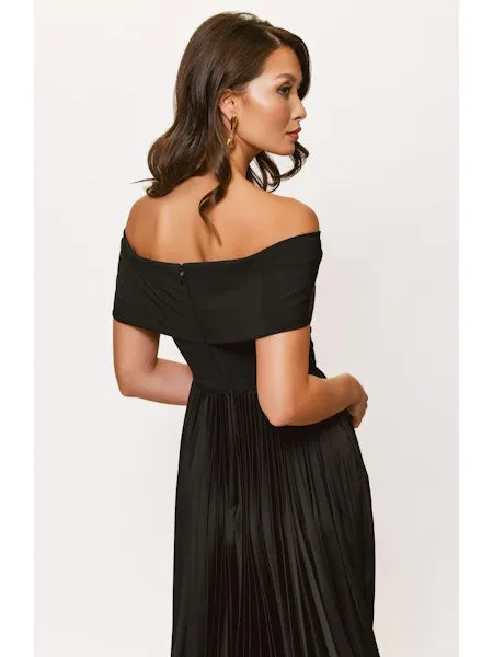 Stockton Off the Shoulder Pleated Midi Dress in Black Rhinestone-Detail Cozy Vibe