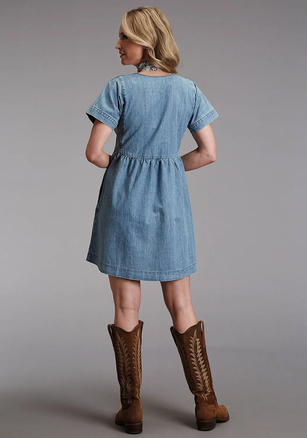 Stretch Minimalist Stetson Womens V-Neck Cross Front Blue Cotton Blend S/L Dress