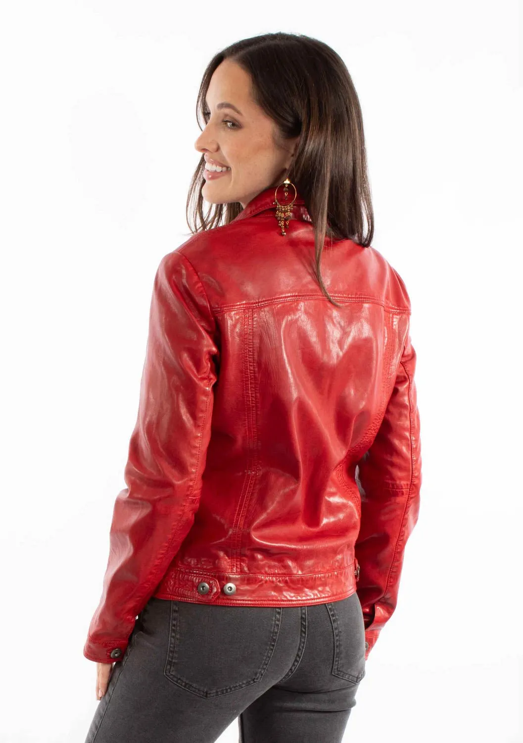 Scully Womens Washed Crinkle Vintage Red Leather Leather Jacket Flexible Match Sleek Waist