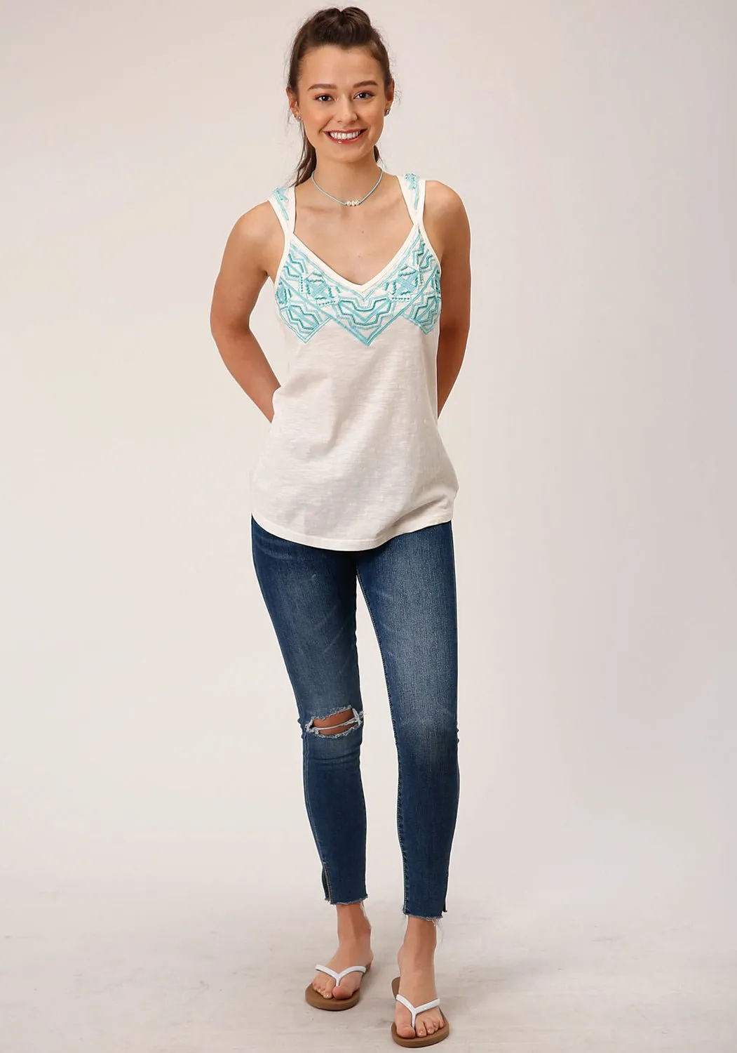 Artistic Design Timeless Fit Roper Womens Hand Beading Ivory 100% Cotton Tan k Top