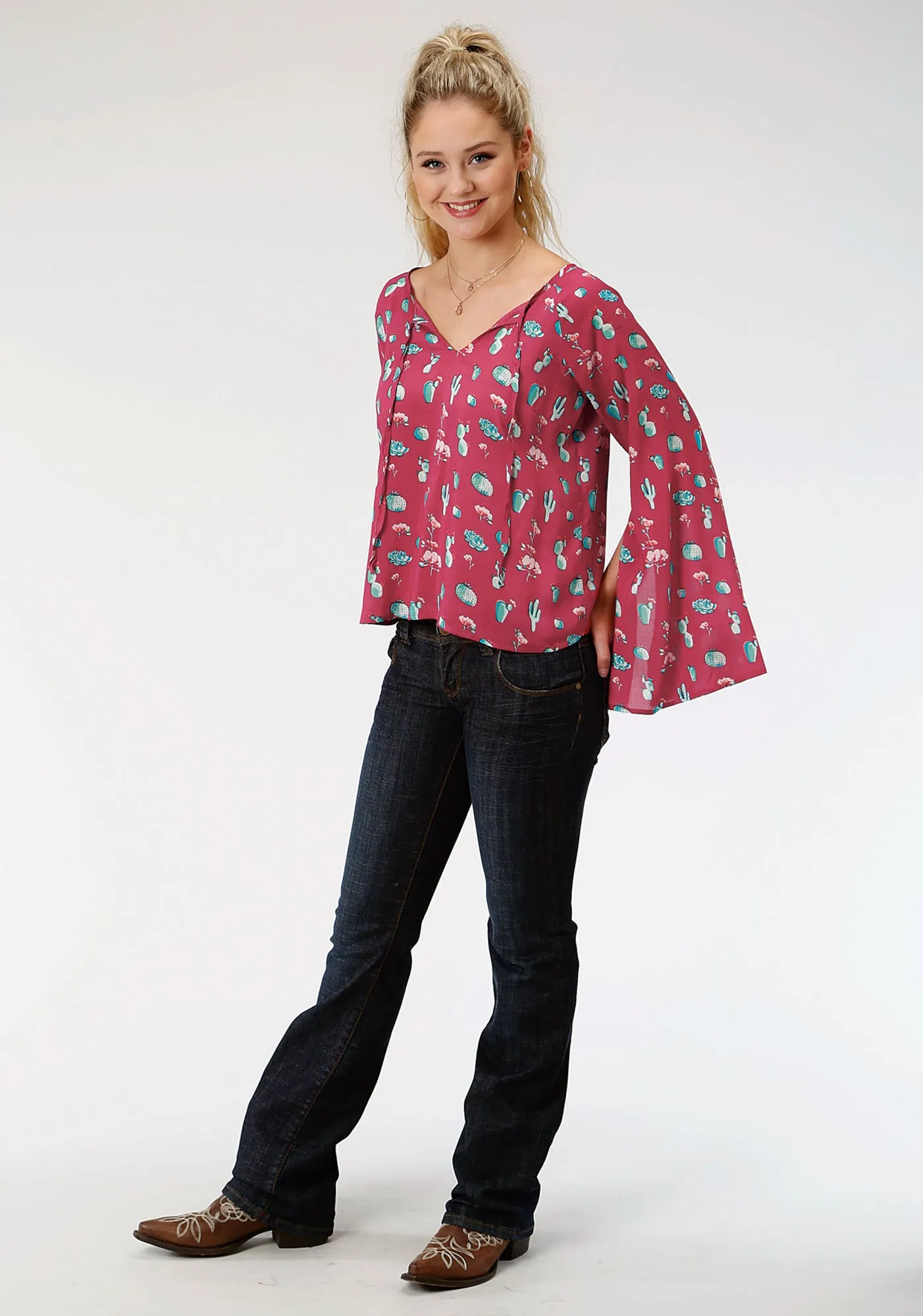 Shopping Day Vibrant Traveler Gear Smart Casual Roper Womens Red Rayon/Nylon Cactus Print L/S Blouse