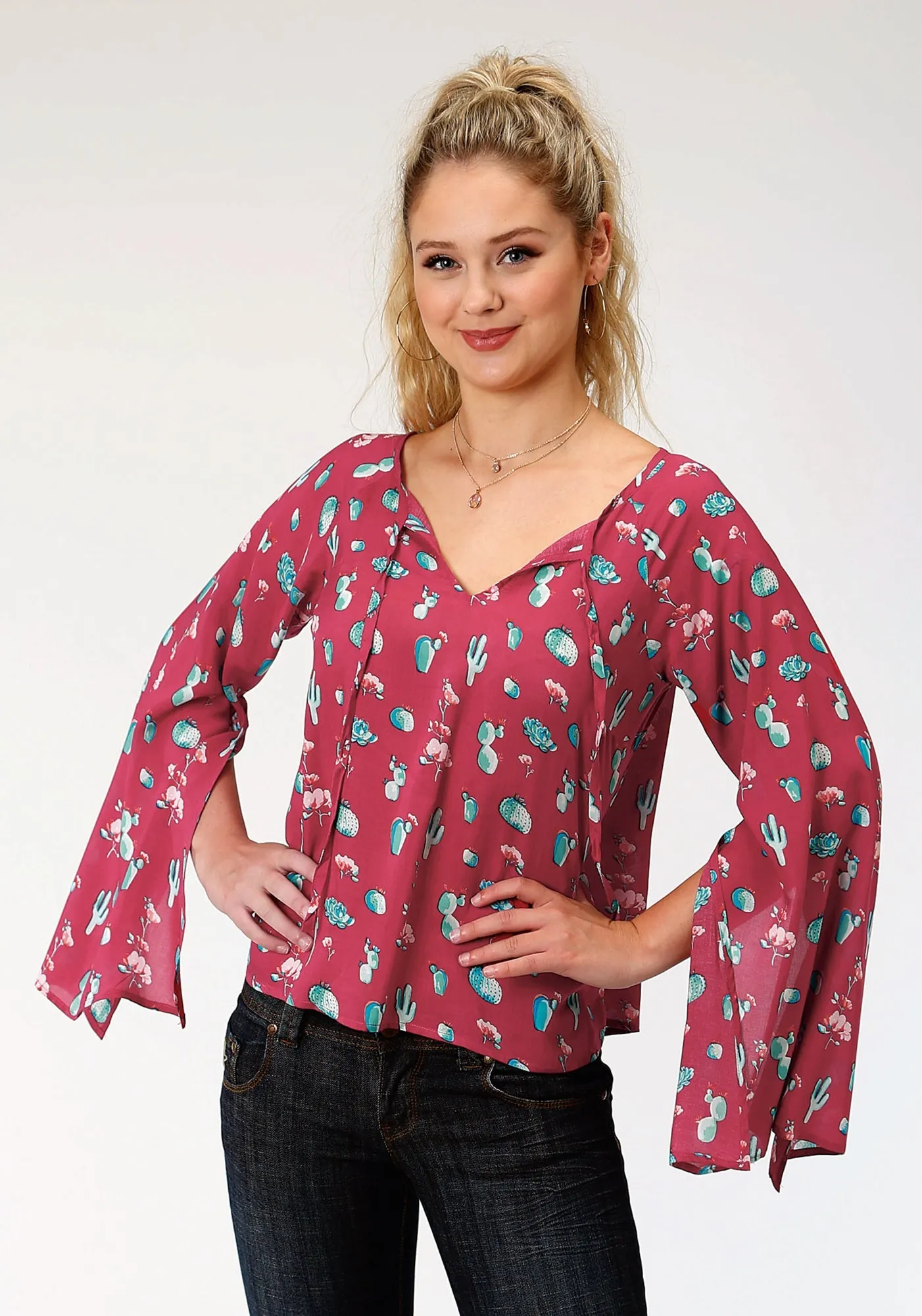 Roper Womens Red Rayon/Nylon Cactus Print L/S Blouse Casual Energy Timeless Fashion