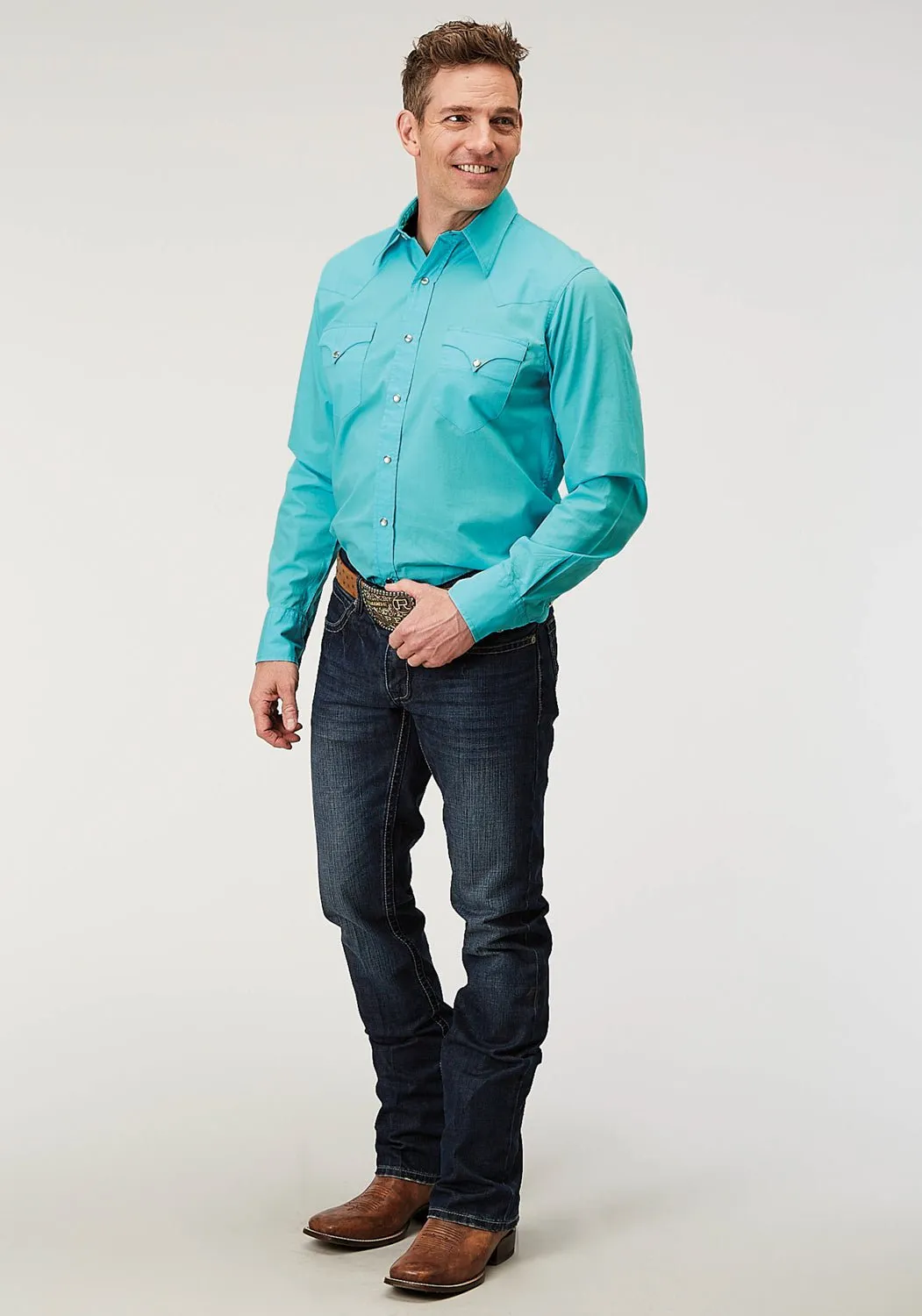 Roper Mens 1916 Solid Poplin Turquoise 100% Cotton Snap L/S Shirt Modern Fit