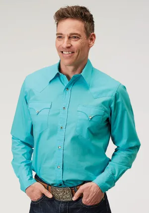 Street Look Roper Mens 1916 Solid Poplin Turquoise 100% Cotton Snap L/S Shirt Roper Mens 1916 Solid Poplin Turquoise 100% Cotton Snap L/S Shirt Minimalist Closure Hidden Placket