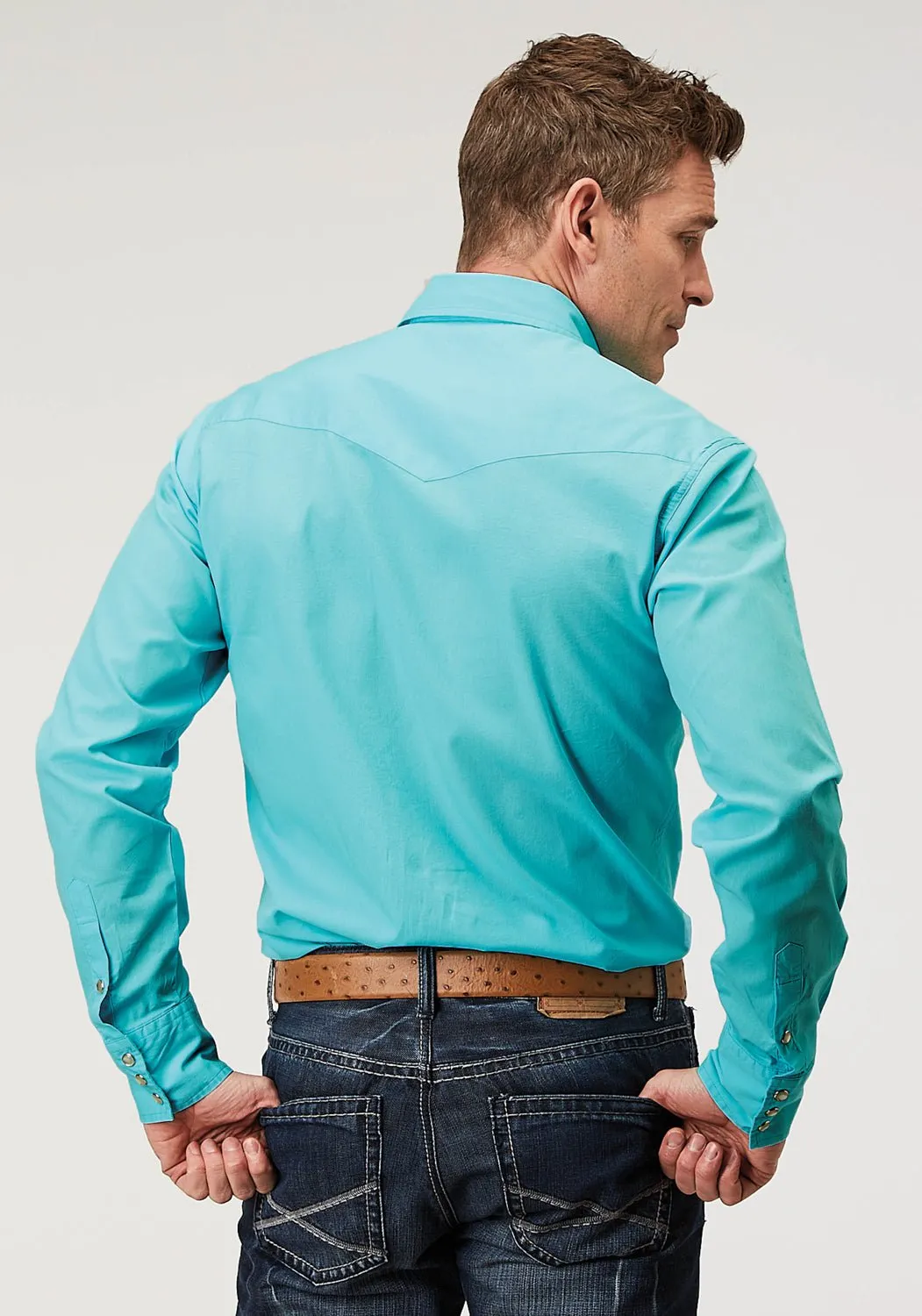 Roper Mens 1916 Solid Poplin Turquoise 100% Cotton Snap L/S Shirt Lightweight texture