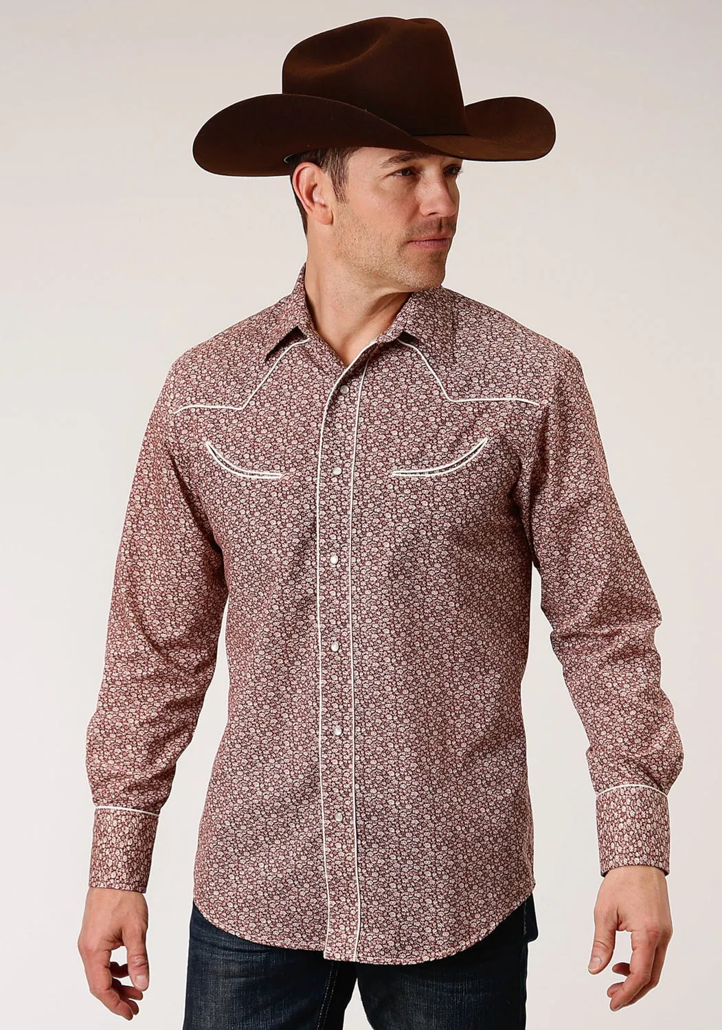 Shimmer Effect Roper Mens Vintage Floral Print Red Cotton Blend L/S Shirt