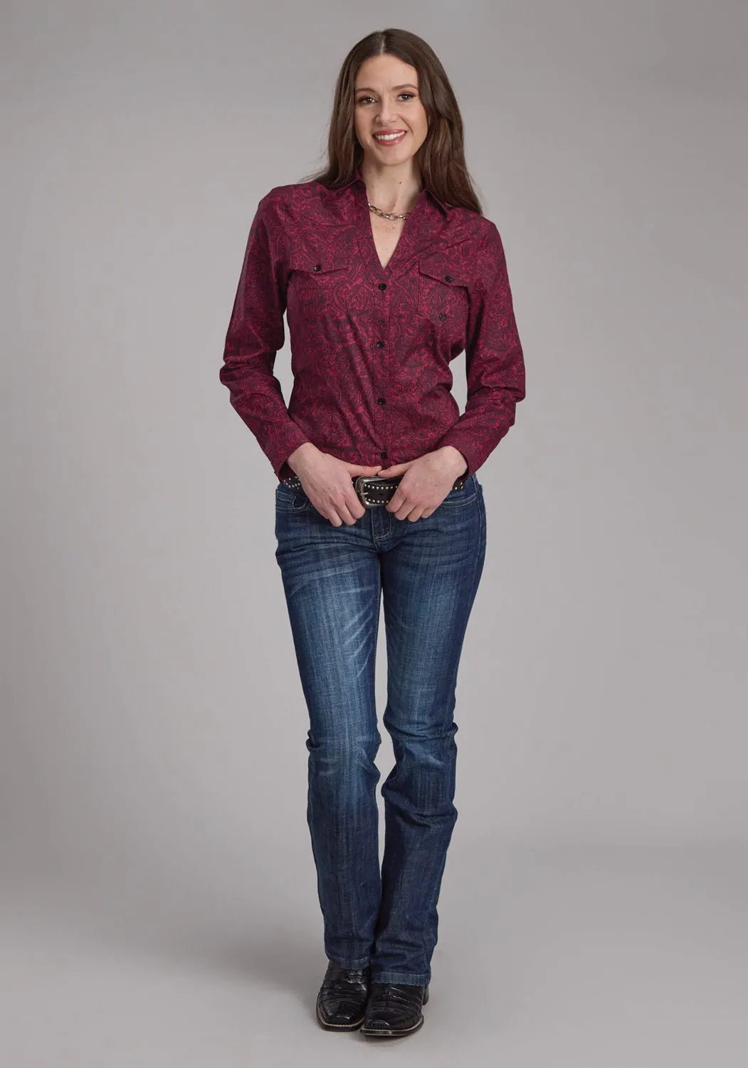 Summer Outfit handmade touch Roper Womens 2241 Paisley Burgundy 100% Cotton Btn L/S Shirt