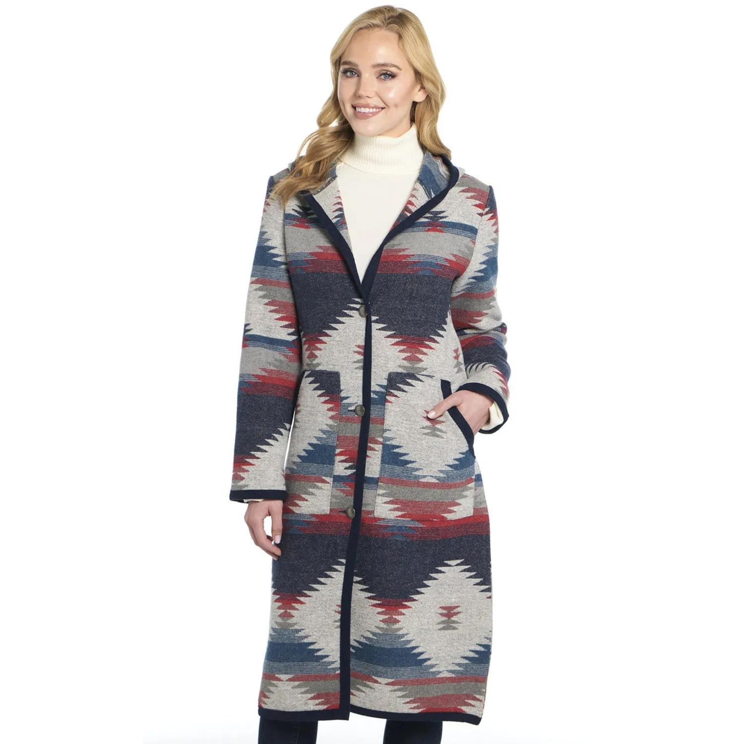 Cripple Creek Womens Button Front Navajo Blanket Scenic Blue Polyester Duster Coat Breathable fabric technology