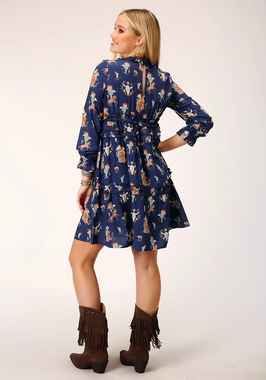 Roper Womens Cowboy Toile Blue 100% Rayon S/S Dress Chic Appearance Festival Outfit Professional Wear