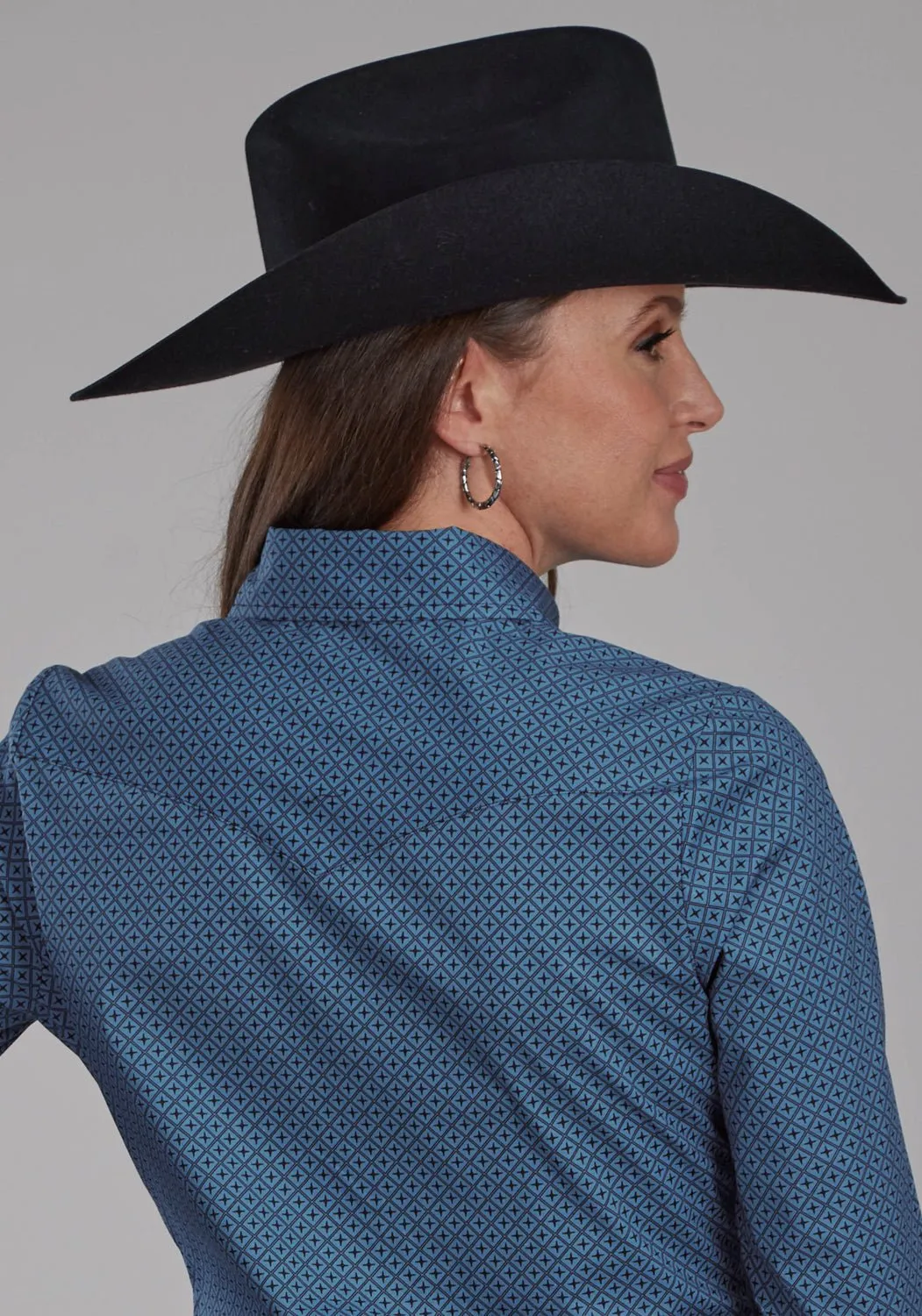 Roper Womens Diamond Print Blue Cotton Blend L/S Shirt Active Wear