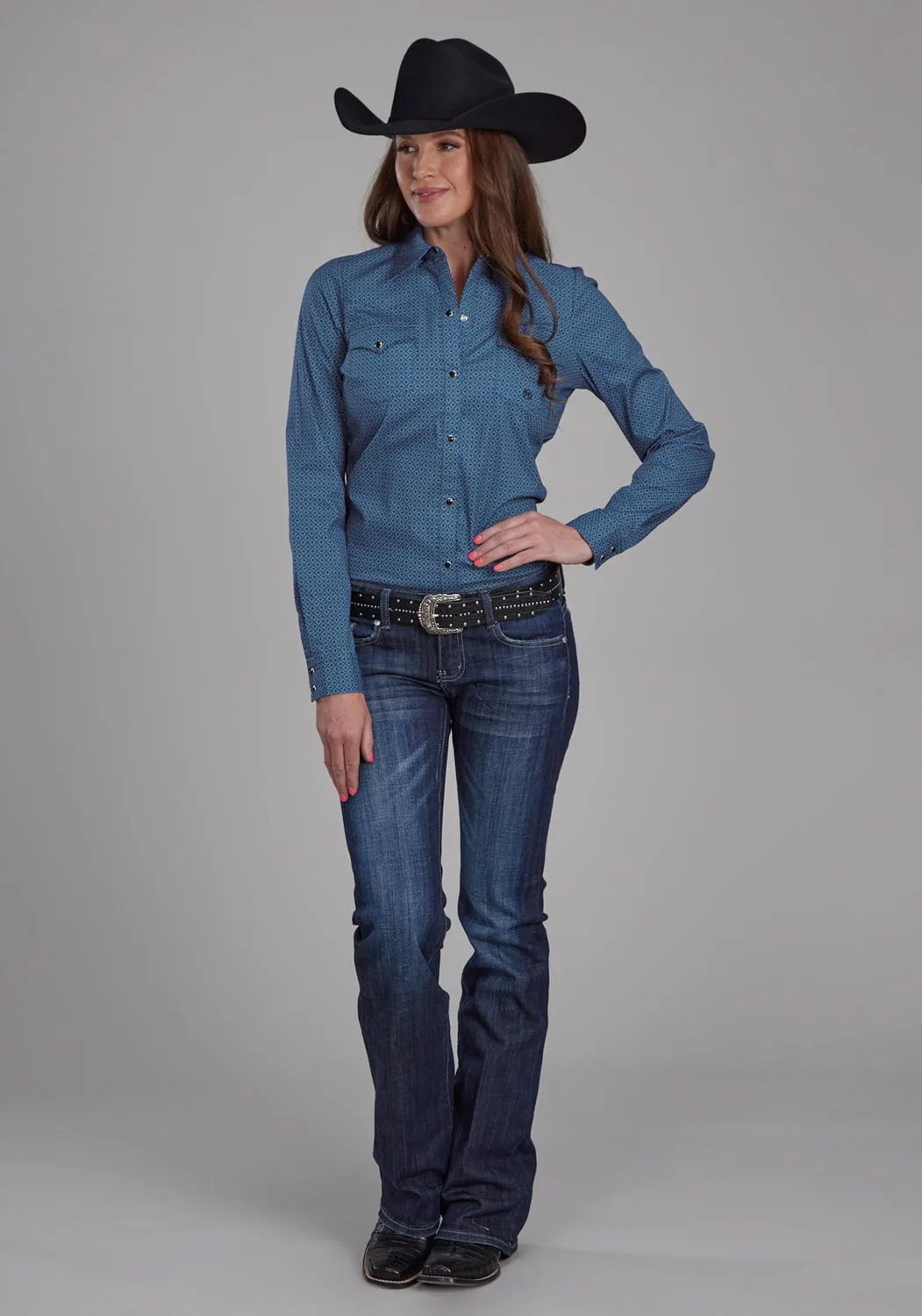 Abrasion Resistant Edging Eco-Friendly Fabric Roper Womens Diamond Print Blue Cotton Blend L/S Shirt