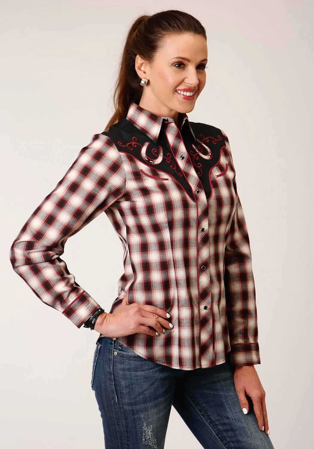 Roper Womens Fancy Plaid Wine Cotton Blend L/S Shirt Modern Look