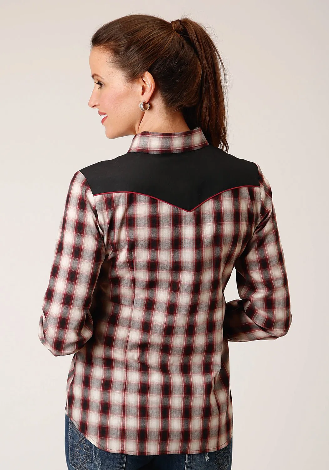 Roper Womens Fancy Plaid Wine Cotton Blend L/S Shirt Multi Pocket Utility