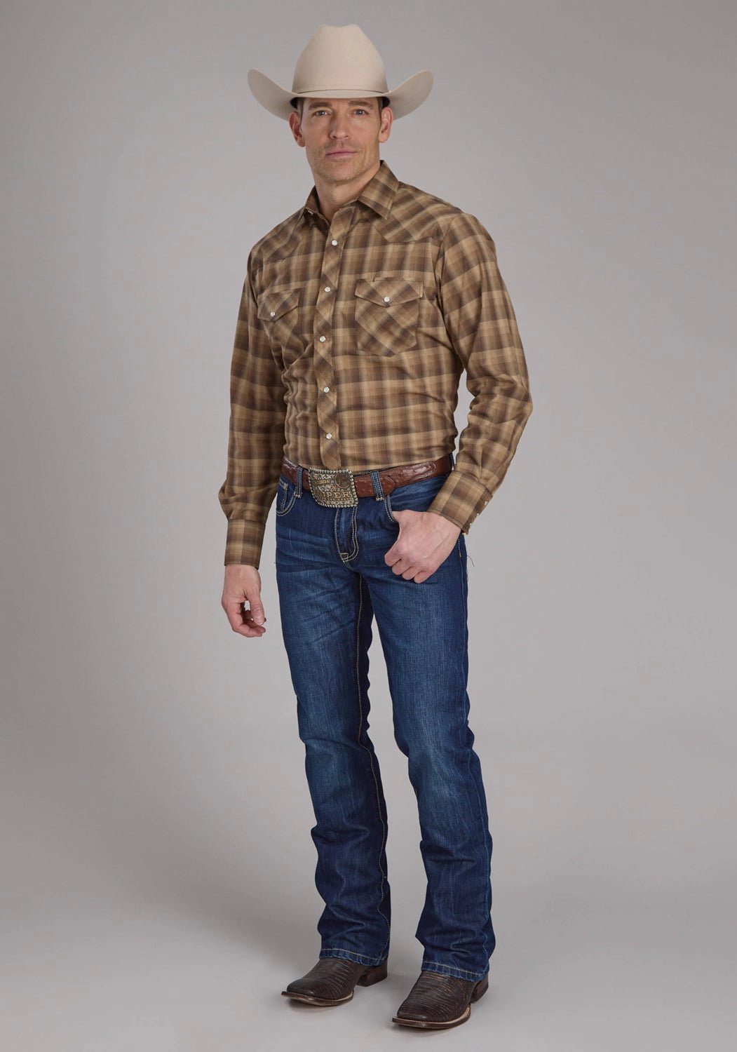 Roper Mens 2129 Ombre Plaid Brown/Tan Cotton Blend L/S Shirt Minimalist Aesthetic Vibrant color