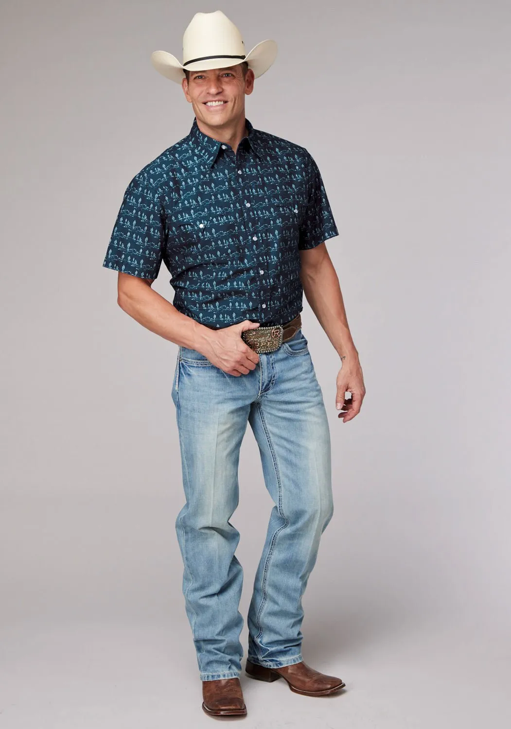 Roper Mens Desert Stripe Print Blue 100% Cotton S/S Shirt Wrinkle Resistant Material