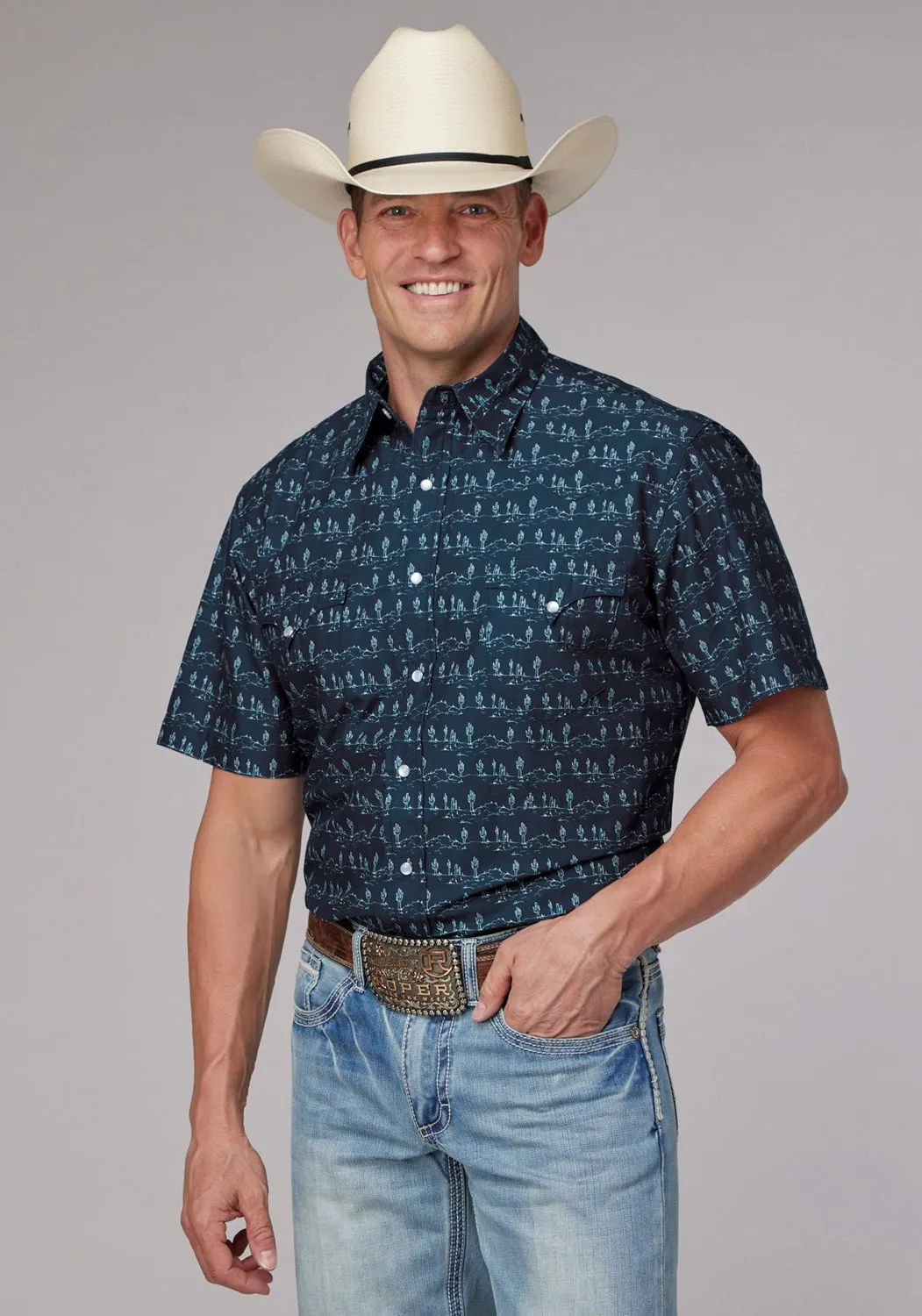 Roper Mens Desert Stripe Print Blue 100% Cotton S/S Shirt Sustainable Material Non-irritating