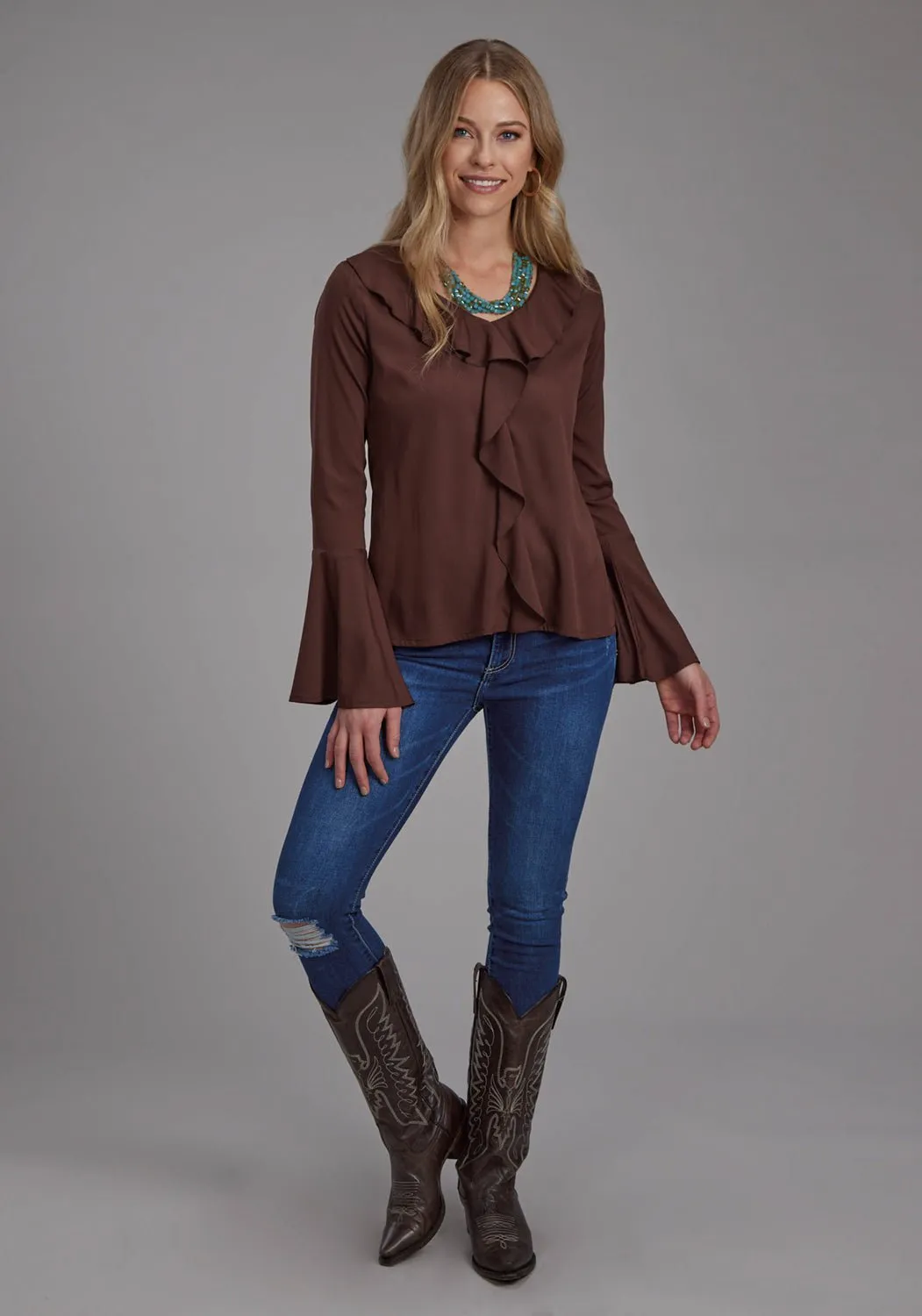 Roper Womens 2191 Peasant Brown 100% Polyester L/S Blouse Sporty Look