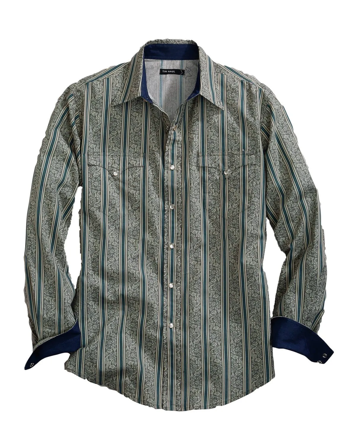 Hidden Button Placket Anti Pilling Treatment Tin Haul Mens Grey 100% Cotton Vintage Wallpaper L/S Shirt