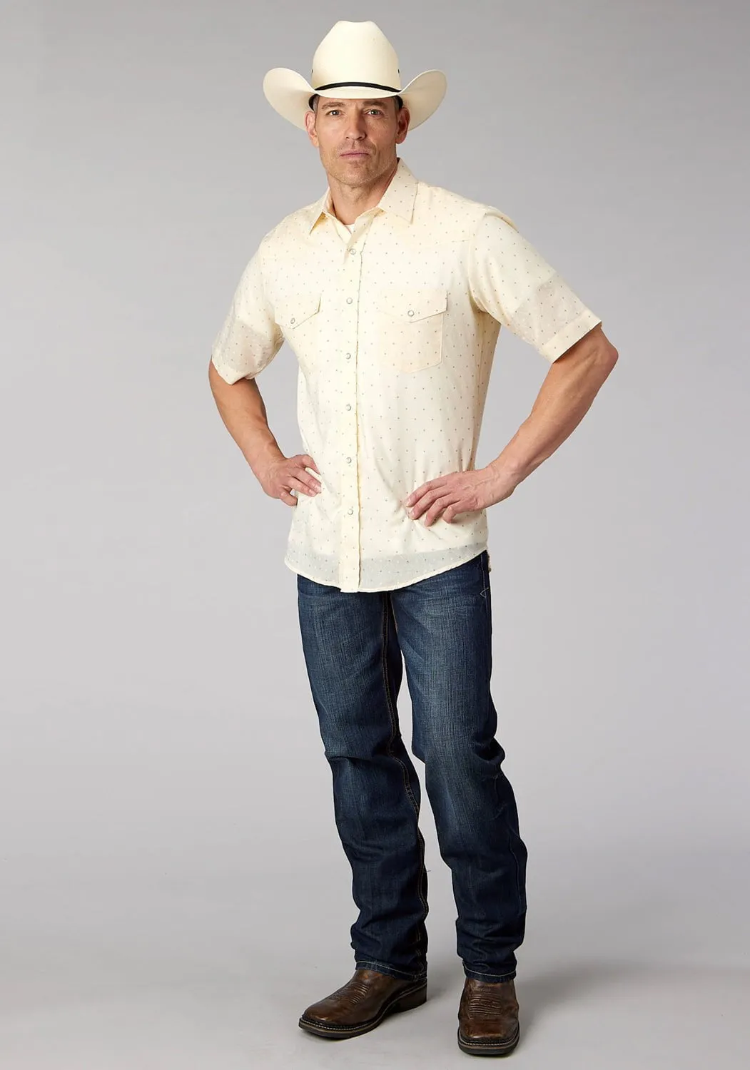 Durable Material Roper Mens 2067 Diamond Wallpaper White Cotton Blend S/S Shirt